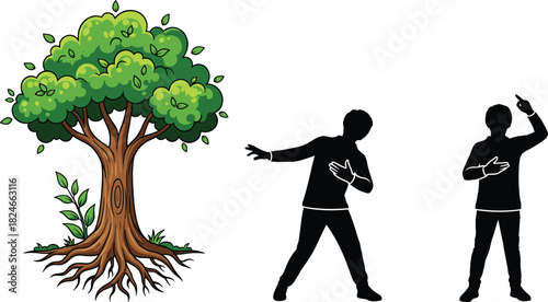 Cartoon tree with expressive human silhouettes, green foliage, gesture poses, nature and movement, character illustration, symbolic interaction