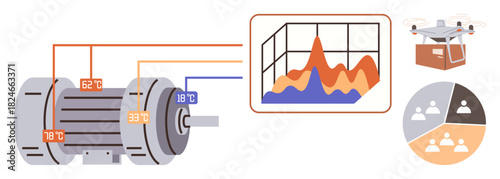 Industrial motor with temperature readings, graph displaying data analysis, quadcopter carrying package, and pie chart representing teamwork division. Ideal for technology, engineering, monitoring