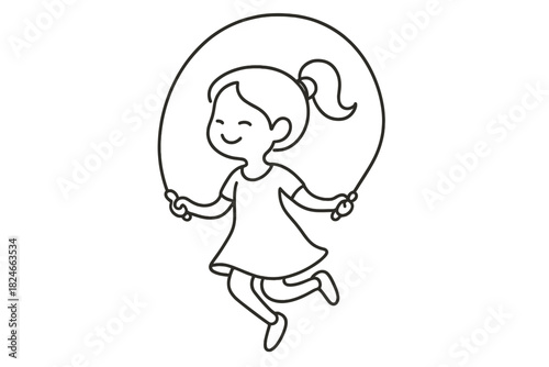 Happy young girl skipping rope in simple line art style