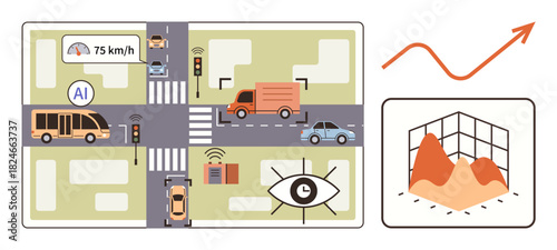 AI monitoring traffic flow at an urban crossroads with buses, cars, sensors, and analytics graph. Ideal for smart city management, AI innovation, data analysis, transportation, efficiency IoT