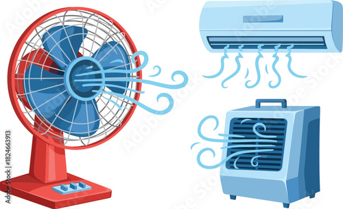 Cooling device illustration set, electric fan, air conditioner, portable air cooler, blue airflow, ventilation concept, cartoon style