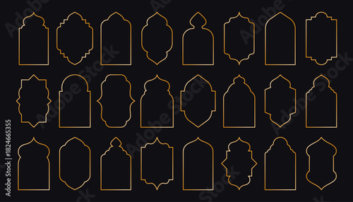 Golden arabic frames. Islamic windows doors, geometric oriental mosque arch architecture, ramadan kareem shiny frame muslim design, luxury oriental ornate borders. Vector set