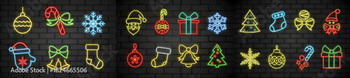 Neon christmas icons including ornaments santa claus and snowflakes against a brick wall background