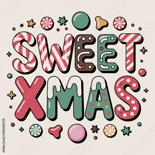 Sweet Xmas candy cane typography design with sweets and cookies vector illustration