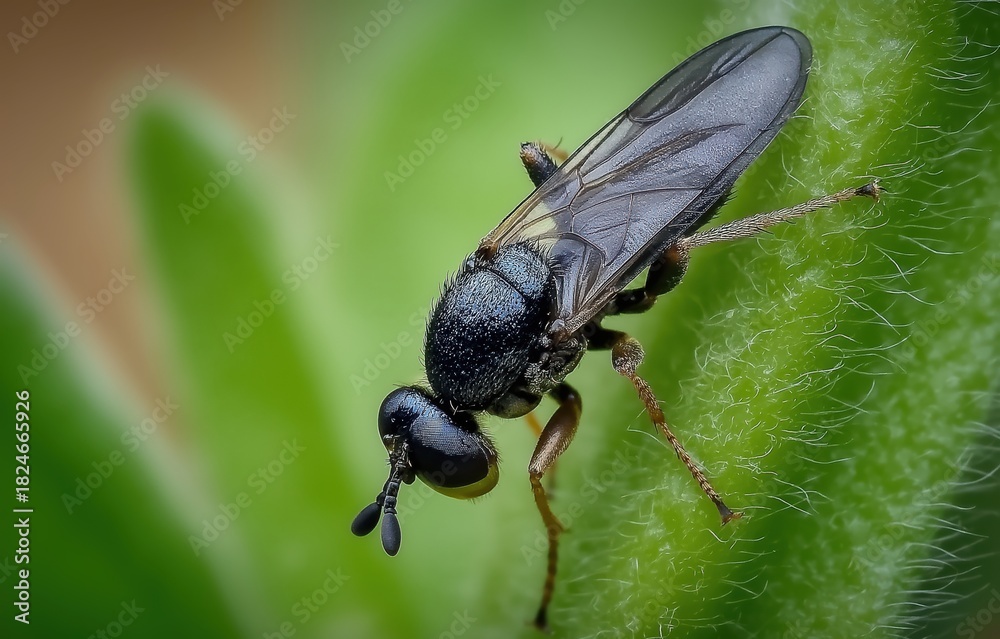 Fototapeta premium Intricate details of a black Simuliidae fly resting on a green leaf in a tranquil natural setting
