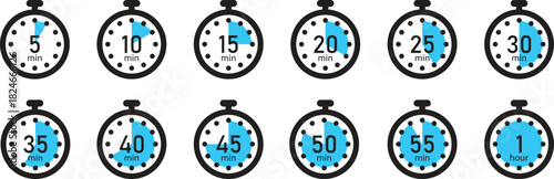 Stopwatch Time Intervals from 5 Minutes to 1 Hour Vector Set