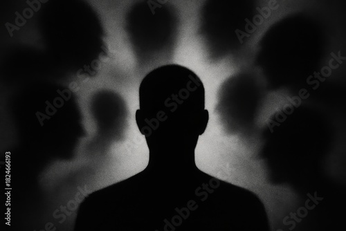 Dark conceptual image of a lone silhouette surrounded by shadowy faces, symbolizing anxiety, fear and social pressure.