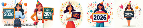 vector of a woman holding up a sign with the number "2026" written on it