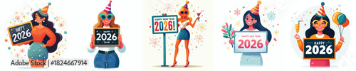 vector of a woman holding up a sign with the number "2026" written on it