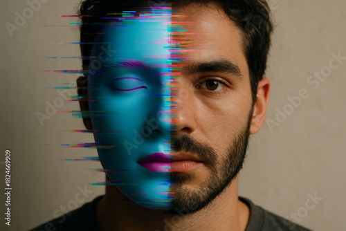 Young man portrait with half face in teal digital glitch, symbolizing online identity, data and modern technology.
