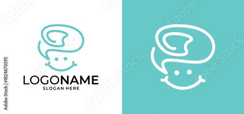 Vector design of a brain line art logo and a smiling expression.
