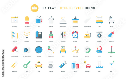 Breakfast food in restaurant and taxi transfer to airport, parking and facilities, bedroom furniture and room key. Hotel hospitality, reception trendy flat icons set vector illustration