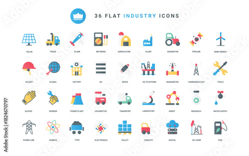 Oil and gas energy production, chemical manufacture and refinery factory, agriculture transport and solar panel, global laboratory research. Industry trendy flat icons set vector illustration