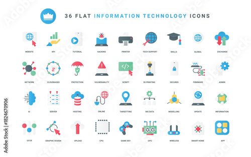 Data technology, information trendy flat icons set vector illustration. Digital protection and online network, 3d printing and modeling, smart home and interface symbols for mobile apps