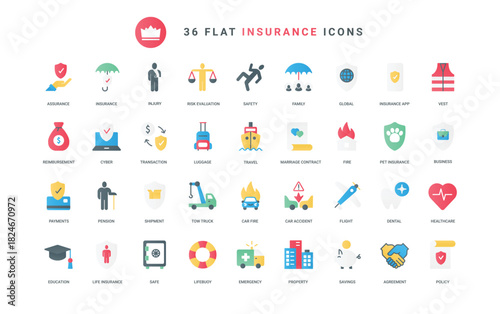 Policy protection from car and property damage, business and pension, health care and life safety during travel or disasters. Insurance trendy flat icons set vector illustration
