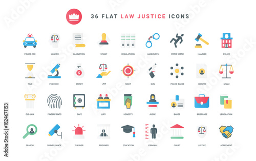 Lawyer and judge from government court building, jail and handcuffs for criminal, sheriff and police badge. Legal system, law and justice trendy flat icons set vector illustration