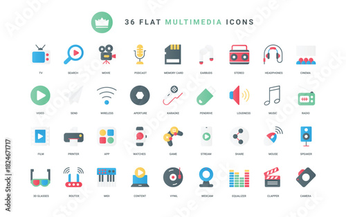 Movie cinema theatre and camera, 3D glasses and speakers, headphones and gamepad. Multimedia technology, TV, video and music production trendy flat icons set vector illustration