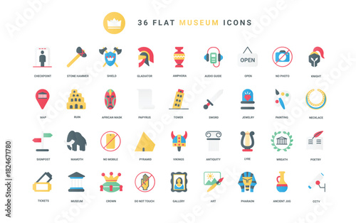 Art gallery exhibition and ancient architecture symbols, warning signs, surveillance and tickets, headphones for audio guide, signpost pictogram. Museum trendy flat icons set vector illustration