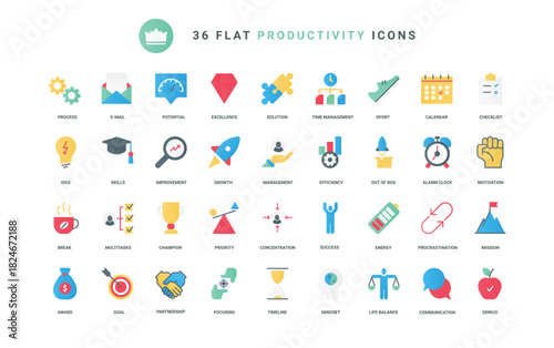 Competitive solution, willpower of potential proactive leader, time management. Business productivity, personal motivation and career growth trendy flat icons set vector illustration