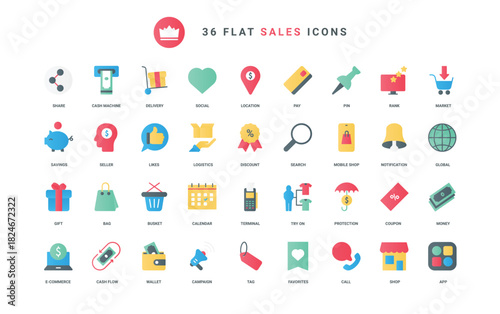 Discount coupons for retail shop app and marketplace, commercial promotion and gift, support in payment and shopping with bags. Ecommerce and sales trendy flat icons set vector illustration