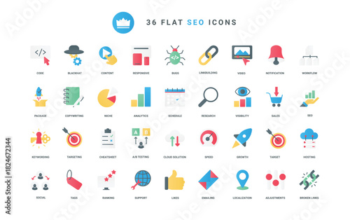 Social media analytics and internet network, mobile app symbols, copywriting and niche research, likes for content and links. SEO, business technology trendy flat icons set vector illustration
