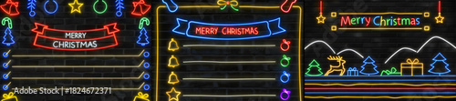 Neon christmas wish list and holiday decoration elements on a dark brick wall background design