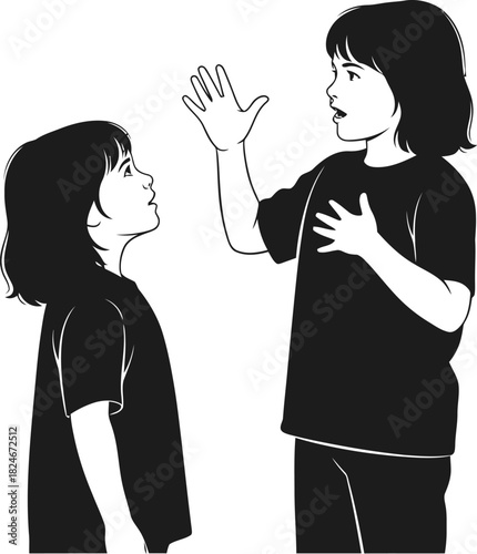 Silhouette of two children interacting, one speaking with hand gestures