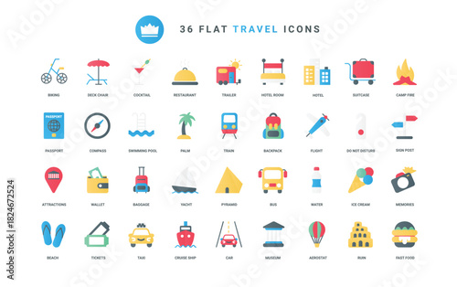 Transport for journey, ticket to sightseeing destination, passport and suitcase, compass and wallet of tourist. Travel and summer vacation, tourism trendy flat icons set vector illustration