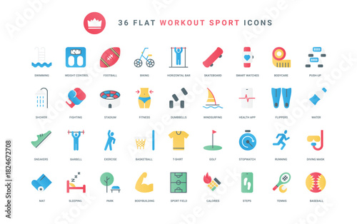 Gym equipment for fitness exercises and yoga, shoes for running of athlete, health mobile app and scales to measure and control weight. Sports workout trendy flat icons set vector illustration