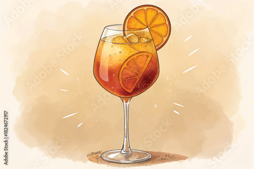 Amber Sparkling Beverage with Orange Slices ? Realistic Summer Drink Illustration for Ads.eps