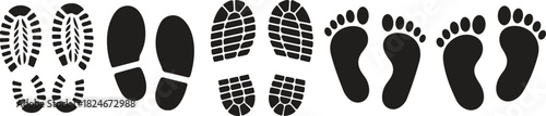 Footprints and Shoe Prints Collection Vector Graphic Silhouettes Barefoot Human Tracks Boot Sole Footwear Trail Icon Set for Hiking Walking Outdoor Activity Investigation Design