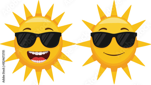 Cool Cartoon Sun with Sunglasses Vector Illustration Set, Summer Heat and Happy Weather Mascot.
