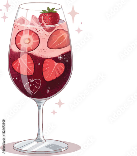 Sparkling Strawberry Sangria in Elegant Wine Glass – Refreshing Summer Drink Illustration