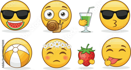 Set of Funny Summer Emoji Vector Illustration, Vacation, Fruit, and Cool Face Emoticons.