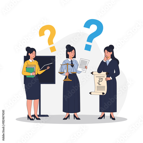 Woman Choosing Between Careers as a Teacher, Lawyer and Philosopher, Illustrated through Three Distinct Professional Personas, thoughtful career decision concept