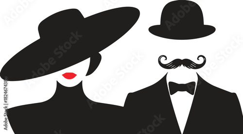 Elegant Retro Couple Silhouette Vector Illustration, Featuring a Woman with a Wide-Brimmed Hat and Red Lips, Beside a Man with a Bowler Hat and Handlebar Mustache, Classic Style.