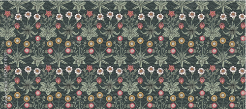 Seamless pattern. Beautiful pink blooming realistic isolated flowers. Vintage background William Morris Chamomile Roses wildflowers. Wallpaper. Drawing engraving. Vector victorian Illustration