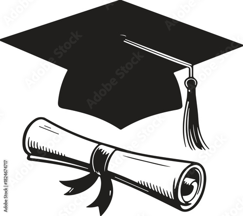 Traditional Graduation Cap and Diploma Scroll Silhouette Vector Illustration, Tied with a Ribbon and Tassel, Symbolizing Academic Success, Commencement, and University Degree Achievement.