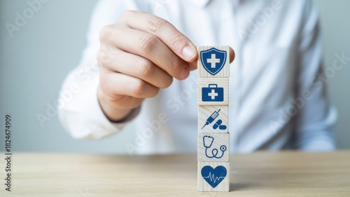 Hand stacking wooden blocks with icons representing health insurance, medical care, and wellness concepts on a wooden table