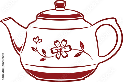 Vintage Ceramic Teapot Outline Vector Illustration with Floral Pattern, Featuring a Classic Handle and Spout, Ideal for Tea House, Restaurant, or Kitchen Design.