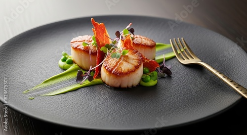 Gourmet seared scallops with pea puree and microgreens on a dark plate