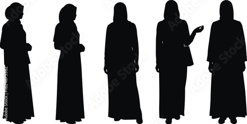 Set of Five Muslim Women Silhouettes Vector Collection, Wearing Hijab and Abaya or Modest Long Dresses, Illustrating Islamic Fashion and Cultural Diversity for Design.