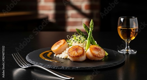 Seared scallops with asparagus and rice, served with white wine