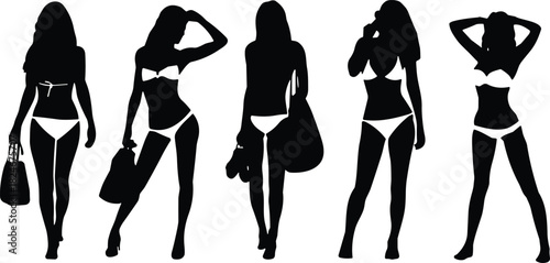 Set of Five Female Model Silhouettes Vector Illustration in Bikinis and Swimwear, Posing with Beach Bags, Capturing Summer Vacation and Resort Fashion Aesthetics.