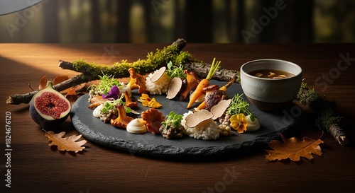 Gourmet autumn forest dish with mushrooms, truffles, and fig on slate