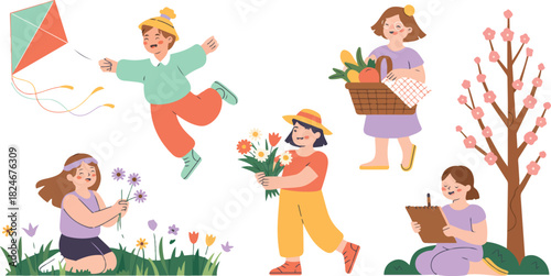 Cute Children Playing Outdoors in Spring Season Flying Kite Gathering Flowers and Fruits Vector Illustration in Cartoon Style Design