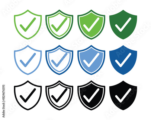 set of shields, A collection of shields with check marks in various colors and styles arranged in a grid pattern