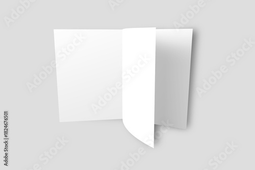 A white, three-panel brochure stands open against a light grey background with soft shadows.Blank white three -panel brochure mockup standing open on a neutral grey background, 3d rendering