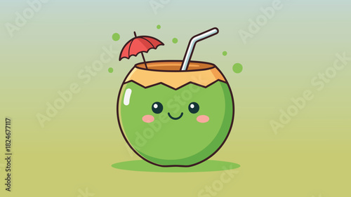 Cute kawaii coconut drink with umbrella and straw