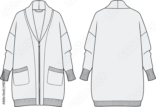 Oversized Zipped Shawl Collar Cardigan Fashion Flat Sketch Template for Casual Knitwear Design: Front and Back Views, Technical Drawing Vector.
